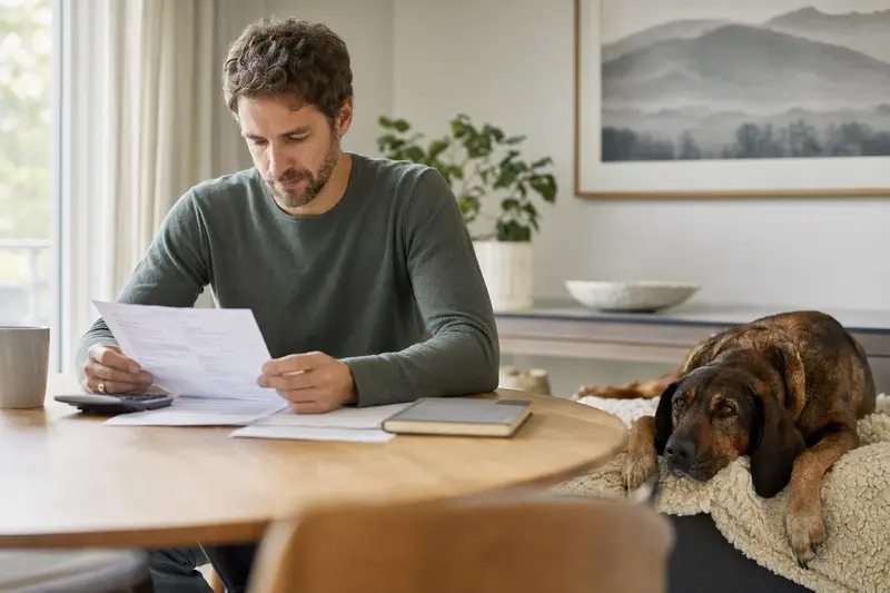 Ein entspannter Bayerischer Gebirgsschweißhund liegt neben einem Besitzer, der eine Tierarztrechnung betrachtet.