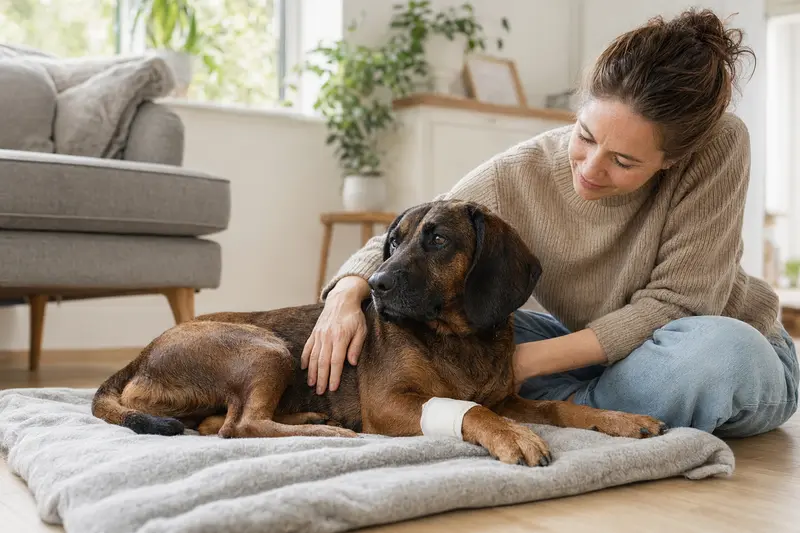 Ein entspannter Bayerischer Gebirgsschweißhund mit leichtem Verband an der Pfote liegt auf einer Decke, während sein erleichterter Besitzer daneben sitzt.