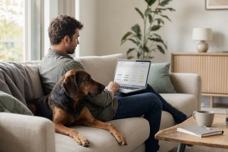 Ein Besitzer sitzt entspannt mit Laptop auf dem Sofa, während sein Bayerischer Gebirgsschweißhund neben ihm liegt.