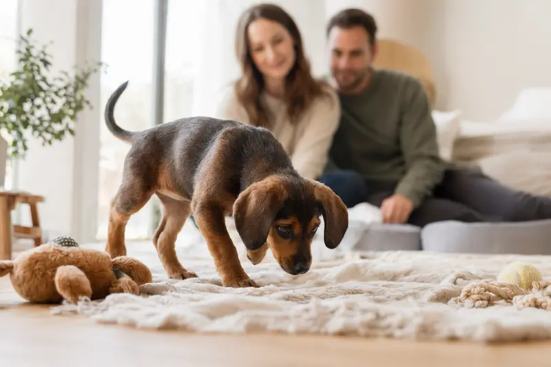 Ein neugieriger Bayerischer Gebirgsschweißhund Welpe entdeckt sein neues Zuhause mit seiner lieben Familie im Hintergrund.