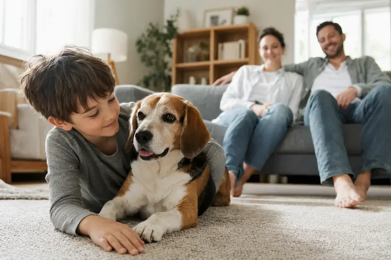 Ein entspannter Beagle Hund liegt neben einem Kind im Wohnzimmer, umgeben von einer warmen Familienatmosphäre.