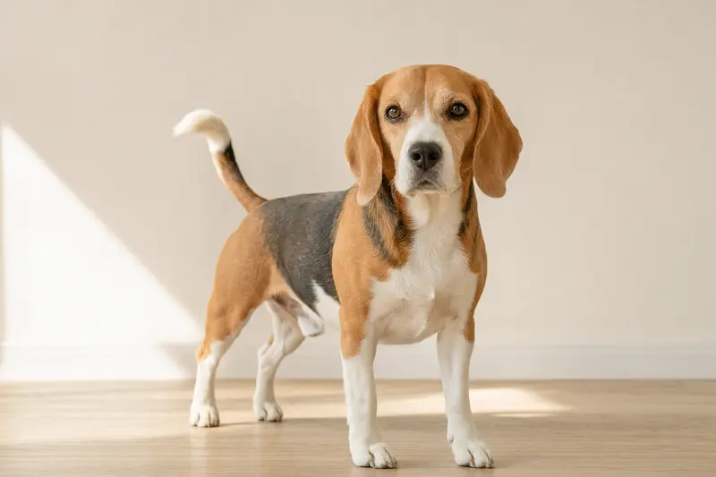 Ein schöner Beagle steht aufmerksam vor hellem Hintergrund und zeigt seine typische Körperform und Fellstruktur in perfektem Licht.