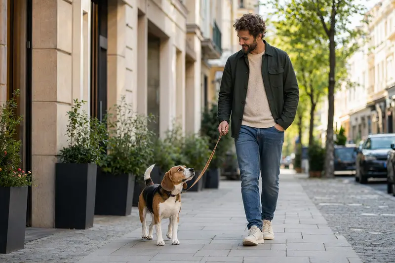 Ein Beagle Hund an der Leine läuft mit seinem Besitzer entspannt durch eine moderne Stadtstraße.