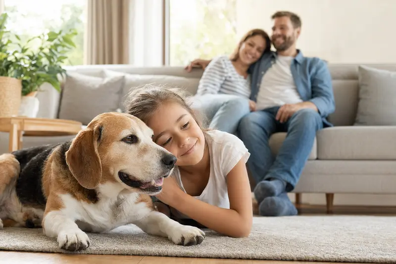 Ein Beagle-Harrier liegt entspannt neben einem Kind im Wohnzimmer und vermittelt ein Gefühl von Vertrauen und Geborgenheit.
