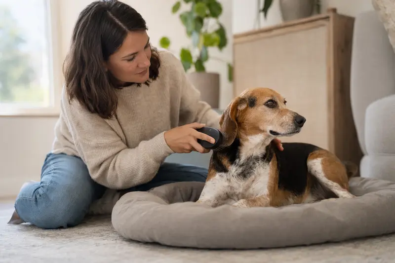 Ein Beagle-Harrier wird zuhause sanft gebürstet, während der Besitzer liebevoll für die Fellpflege sorgt.