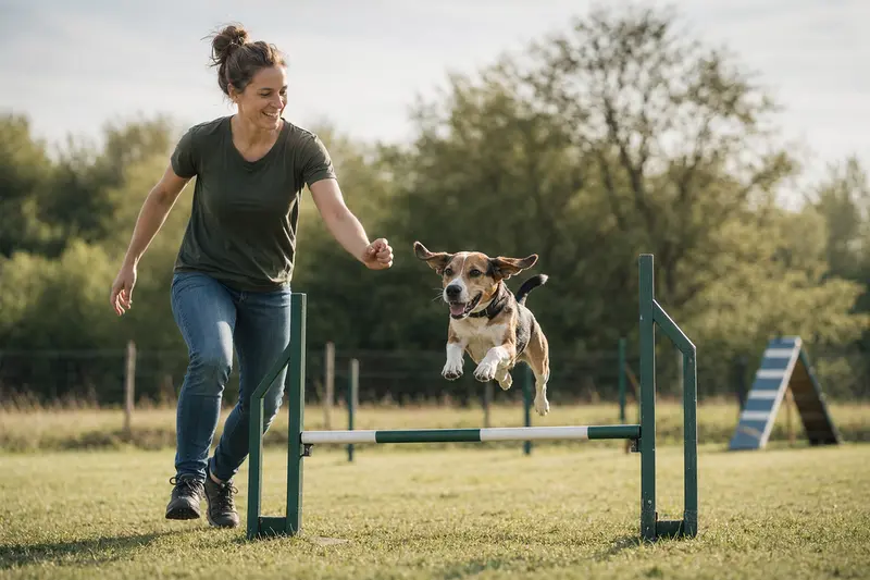 Ein aktiver Beagle-Harrier trainiert mit seinem Besitzer auf einem Hundeplatz über eine kleine Hürde.