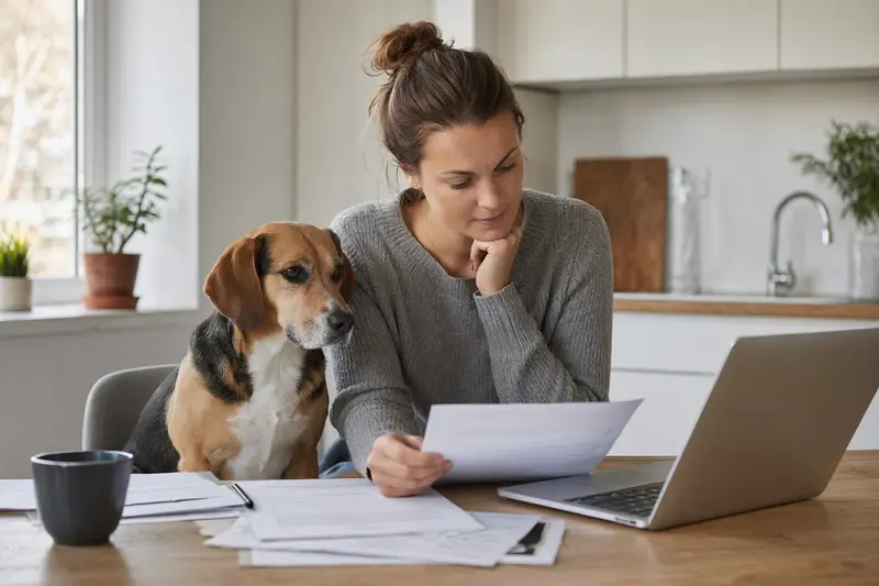 Ein Beagle-Harrier Hund sitzt ruhig neben seinem Besitzer am Küchentisch, während Versicherungsunterlagen und ein Laptop auf dem Tisch liegen.