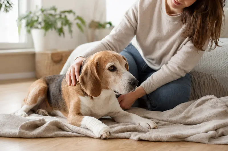 Ein Beagle-Harrier Hund mit einem leichten Verband an der Pfote liegt entspannend auf einer Decke, während sein Besitzer erleichtert daneben sitzt.