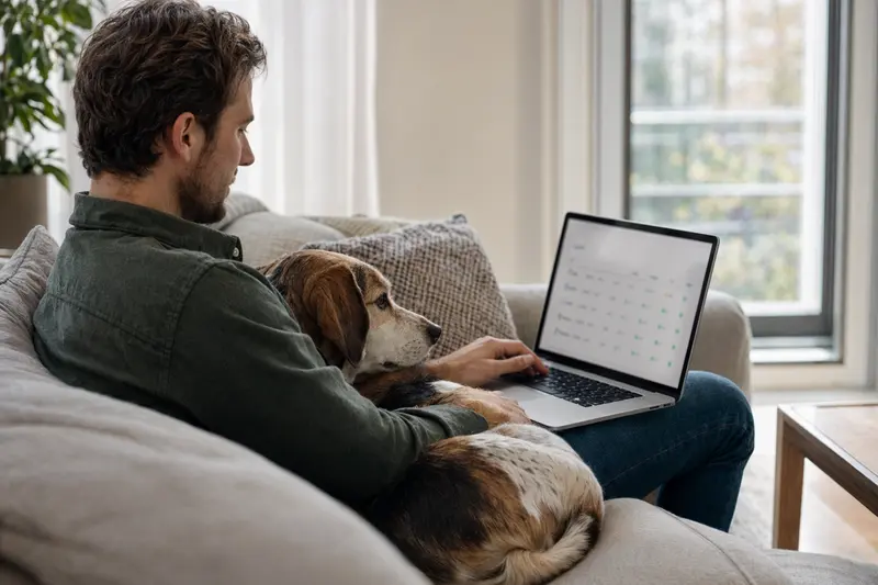 Ein Beagle-Harrier sitzt entspannt neben einem Besitzer auf dem Sofa, während dieser einen Laptop benutzt, um einen Versicherungsvergleich durchzuführen.
