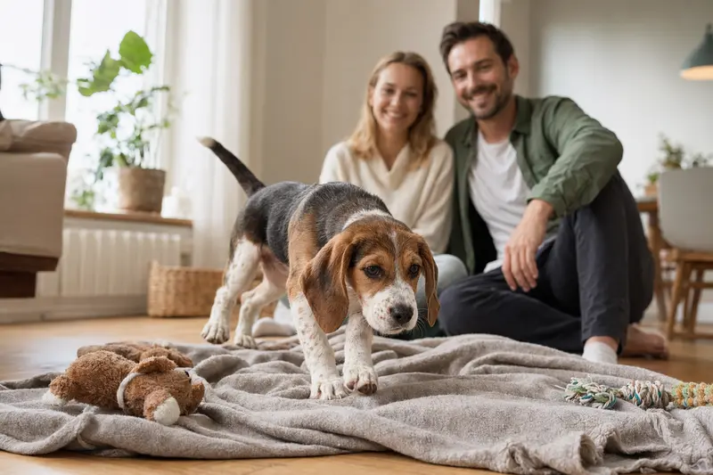 Ein neugieriger Beagle-Harrier Welpe erkundet sein liebevolles neues Zuhause mit Familie im Hintergrund.