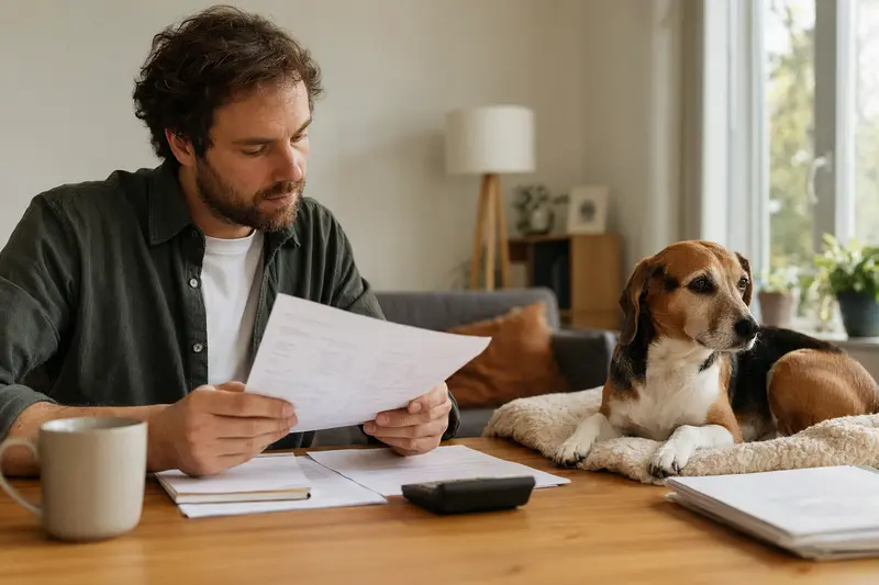 Ein entspannter Beagle liegt auf einer Decke, während sein Besitzer am Tisch mit einer Tierarztrechnung sitzt und nach Lösungen sucht.
