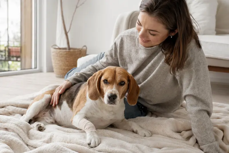 Ein entspannter Beagle mit Verband an der Pfote liegt auf einer Decke neben seinem erleichterten Besitzer in einer hellen Wohnung.