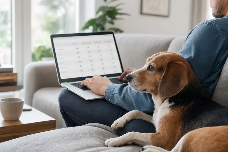 Ein Beagle sitzt neben einem Besitzer, der auf dem Sofa mit seinem Laptop einen Versicherungsvergleich durchführt.