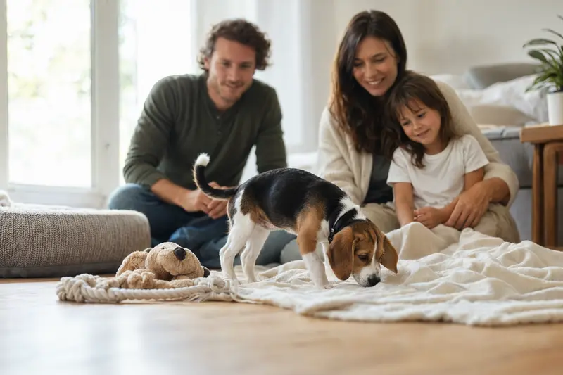 Ein neugieriger Beagle Welpe entdeckt sein neues Zuhause mit Spielzeug und einer liebevollen Familie im Hintergrund.