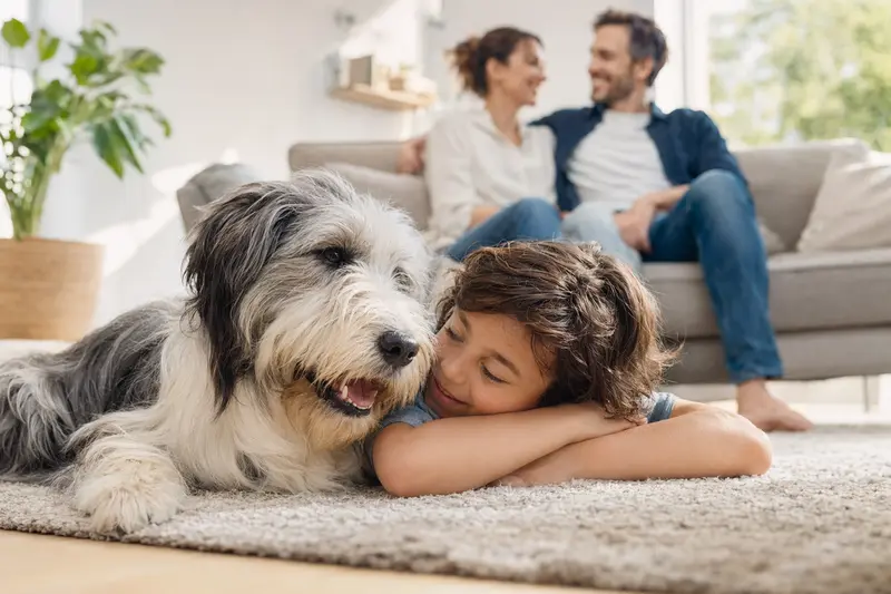 Ein Bearded Collie liegt entspannt neben einem Kind im hellen Wohnzimmer, während die Eltern im Hintergrund eine sichere Familienatmosphäre vermitteln.