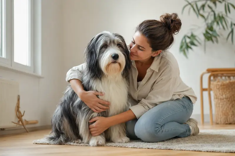 Ein aufmerksamer Bearded Collie steht in natürlicher Haltung vor hellem Hintergrund, mit typischer Fellstruktur und klar erkennbarer Körperform.