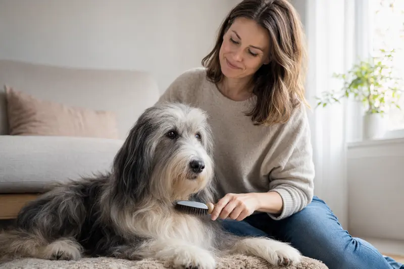 Ein Bearded Collie wird in einer hellen Wohnung sanft gebürstet, während sein Besitzer liebevoll die Fellpflege übernimmt.