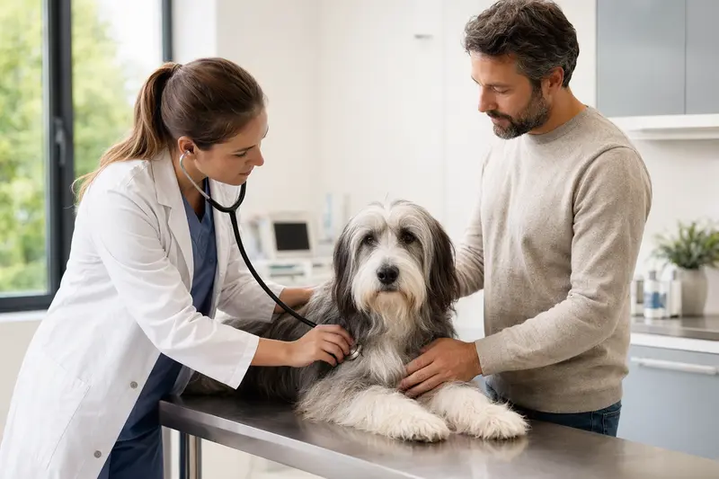 Ein ruhiger Bearded Collie Hund wird auf einem Untersuchungstisch von einer freundlichen Tierärztin mit einem Stethoskop untersucht, während der Besitzer beruhigend danebensteht.