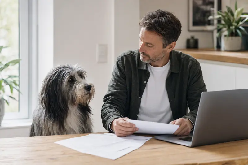 Ein Bearded Collie sitzt ruhig neben seinem Besitzer am Küchentisch, während Versicherungsunterlagen und ein Laptop mit Vergleichsseite vor ihnen liegen.