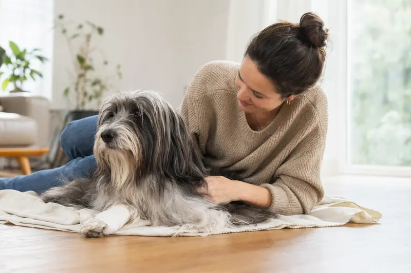 Bearded Collie mit leicht bandagierter Pfote liegt ruhig auf einer Decke, während der Besitzer erleichtert neben ihm sitzt.