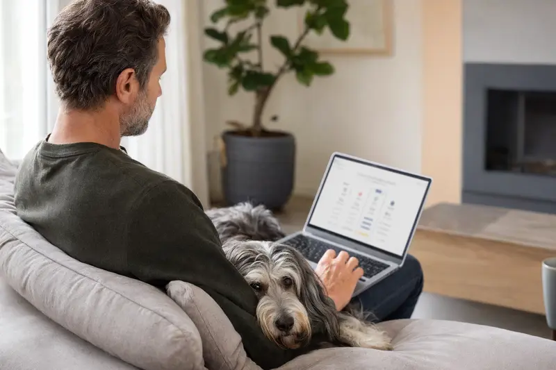 Ein Hundebesitzer sitzt entspannt auf dem Sofa mit seinem Bearded Collie und einem Laptop für den Versicherungsvergleich.