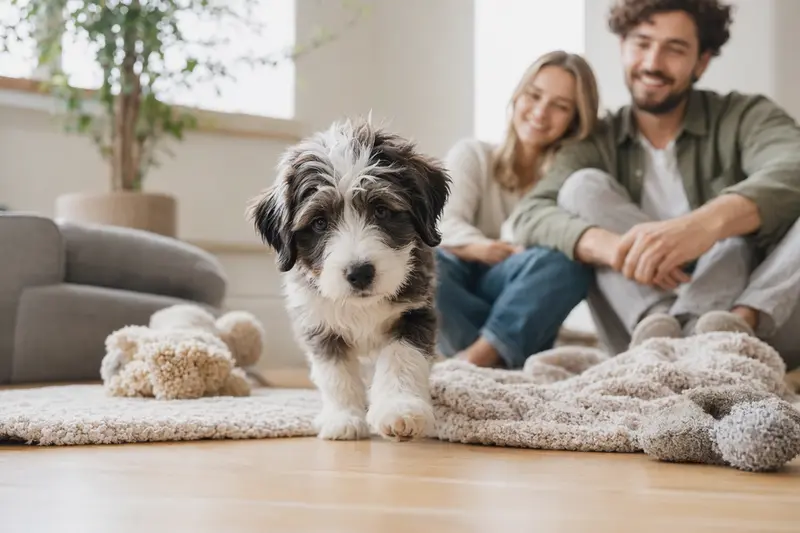 Ein neugieriger Bearded Collie Welpe erkundet sein neues Zuhause mit einer weichen Decke und Spielzeug.