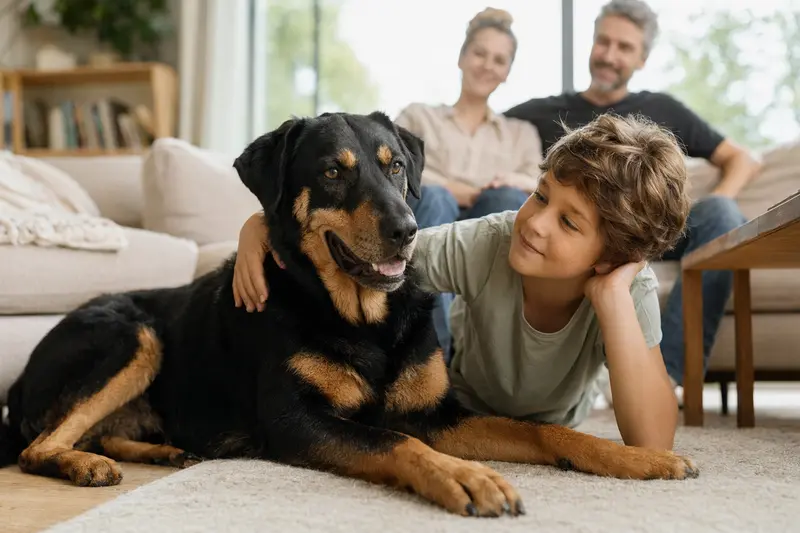 Ein entspannter Beauceron Hund liegt neben einem Kind im Wohnzimmer und schafft eine vertrauensvolle Atmosphäre.