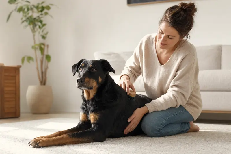 Ein Beauceron wird liebevoll zuhause gebürstet, was die Bedeutung der Fellpflege für die Tiergesundheit zeigt.