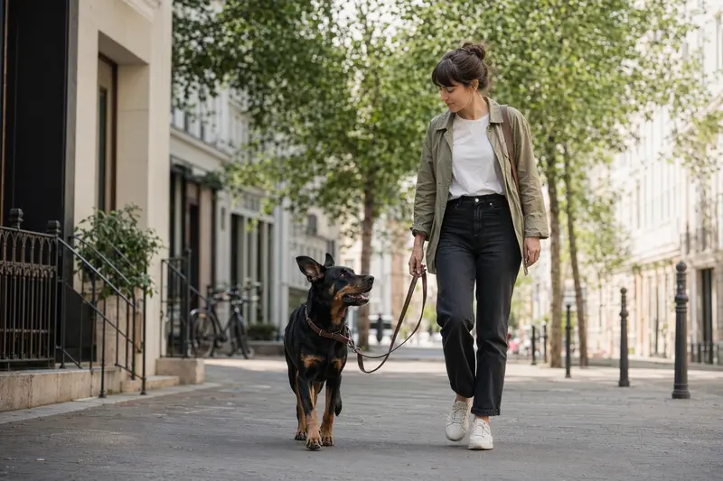 Ein Beauceron Hund läuft an der Leine mit seinem Besitzer durch eine moderne Stadtstraße.