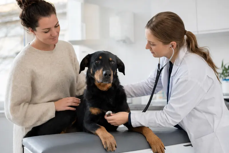 Ein ruhiger Beauceron-Hund wird behutsam von einer freundlichen Tierärztin in einer modernen Tierarztpraxis untersucht.