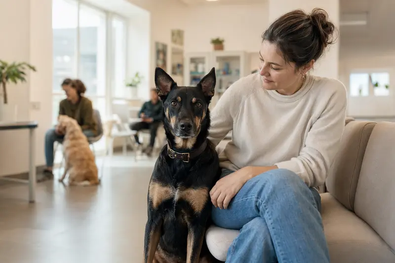 Ein Beauceron sitzt ruhig neben seinem Besitzer im hellen Wartezimmer einer modernen Tierarztpraxis.