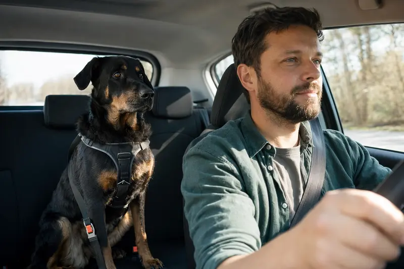 Ein Beauceron Hund sicher angeschnallt auf der Rückbank eines Autos, während der Besitzer ruhig fährt.