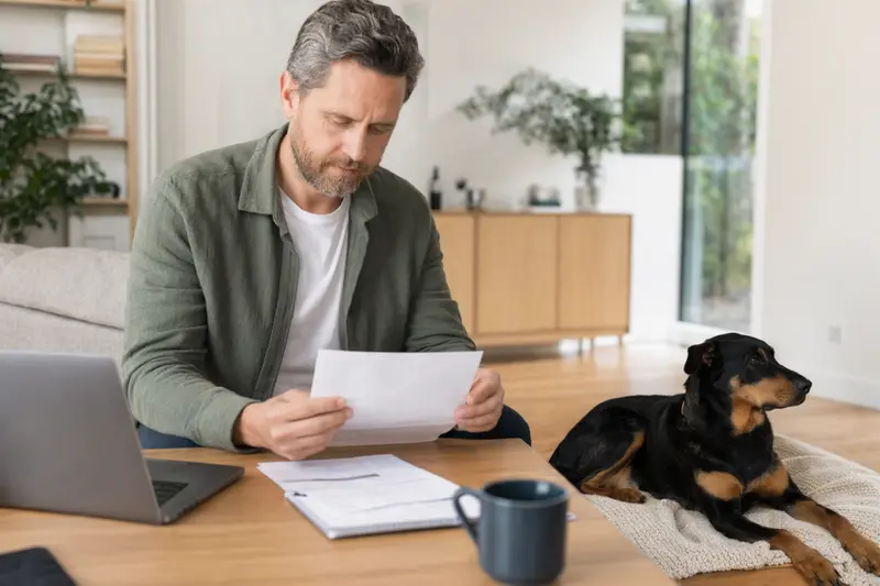 Ein Besitzer mit Tierarztrechnung sitzt entspannt am Tisch, während ein lässiger Beauceron auf einer Decke liegt.