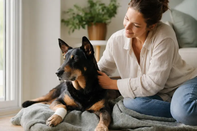 Ein Beauceron mit leichtem Verband an der Pfote liegt ruhig auf einer Decke, während sein Besitzer ihn beruhigend anblickt.