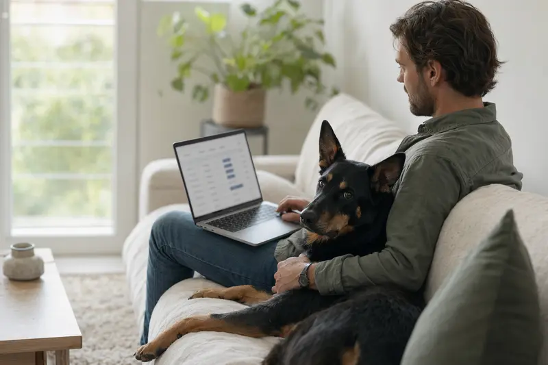Ein Hundebesitzer arbeitet am Laptop auf dem Sofa, während sein Beauceron entspannt daneben sitzt und ein Versicherungsvergleichsbildschirm sichtbar ist.