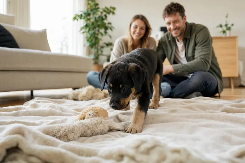 Ein junger Beauceron Welpe erkundet neugierig sein neues Zuhause mit Spielzeug und einer liebevollen Familie im Hintergrund.
