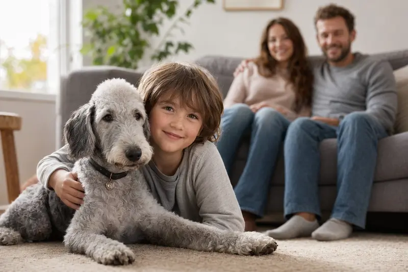 Ein entspannter Bedlington Terrier liegt neben einem Kind in einem hellen Wohnzimmer.