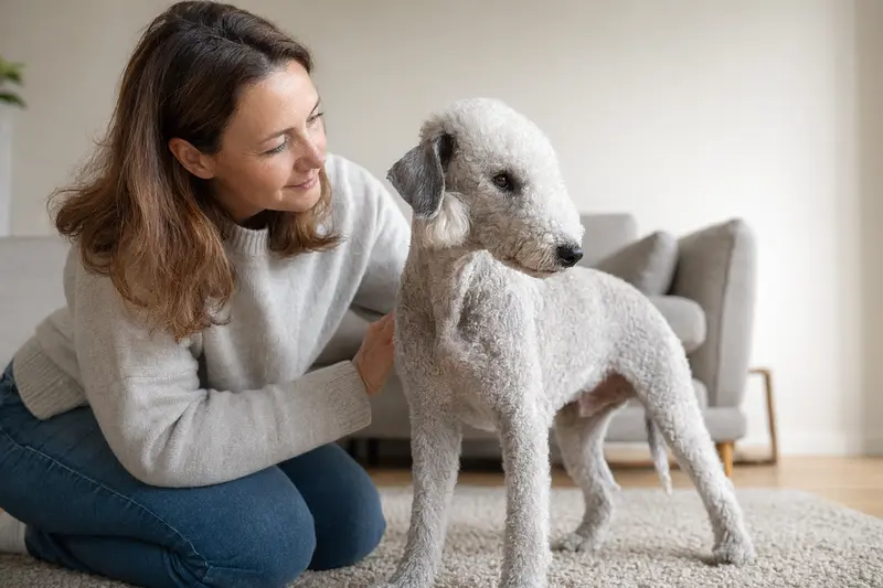 Ein aufmerksamer Bedlington Terrier steht vor einem neutralen Hintergrund und zeigt die typische Körperform und Fellstruktur der Rasse.