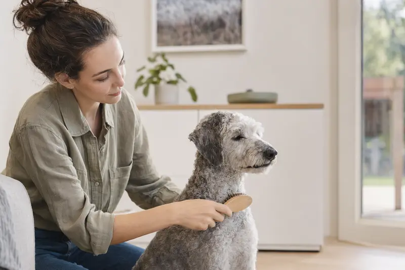 Ein Bedlington Terrier wird liebevoll in einer hellen Wohnung gebürstet, was die Bedeutung der Fellpflege für die Gesundheit des Hundes zeigt.