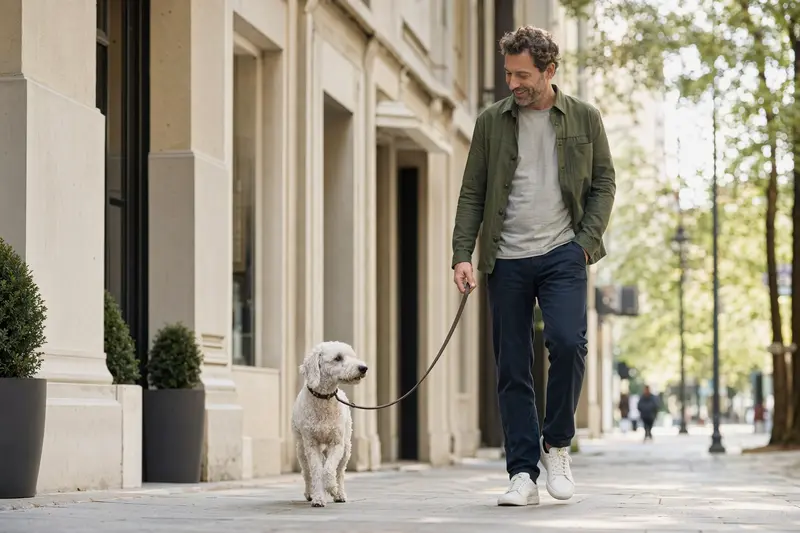 Ein Bedlington Terrier Hund läuft entspannt an der Leine mit seinem Besitzer durch eine moderne Stadtstraße.