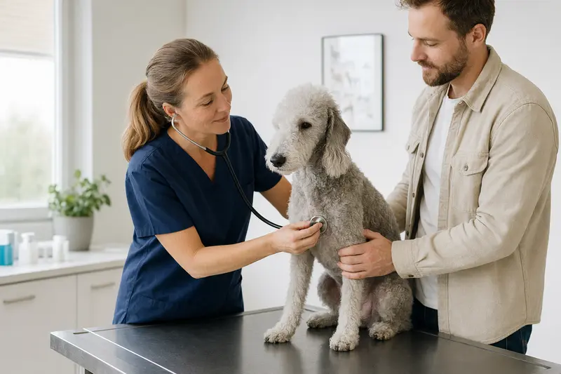 Ein ruhiger Bedlington Terrier wird von einer freundlichen Tierärztin auf einem Untersuchungstisch in einer sauberen Tierarztpraxis untersucht.