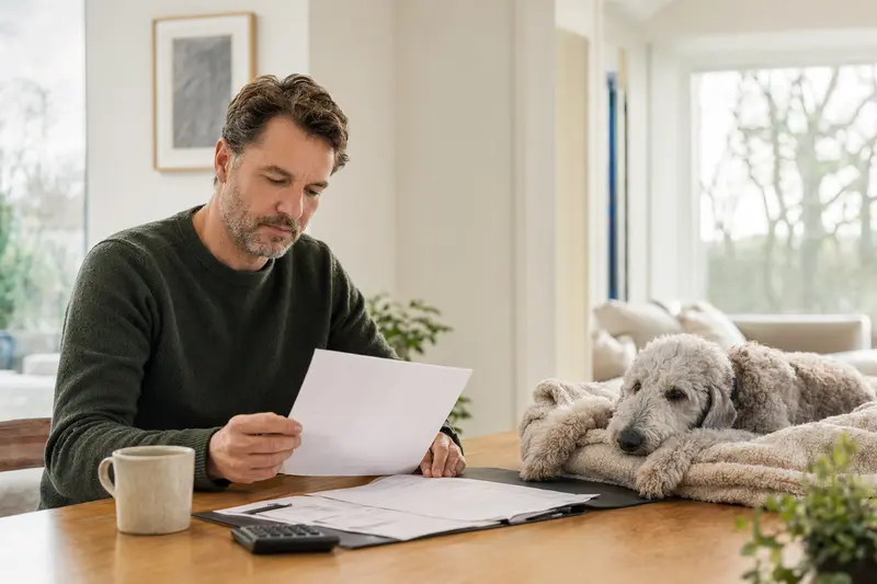 Ein Hundehalter sitzt mit einer Tierarztrechnung am Tisch, während ein entspannter Bedlington Terrier auf einer Decke liegt und die Hundeversicherung als Lösungskontext unterstreicht.