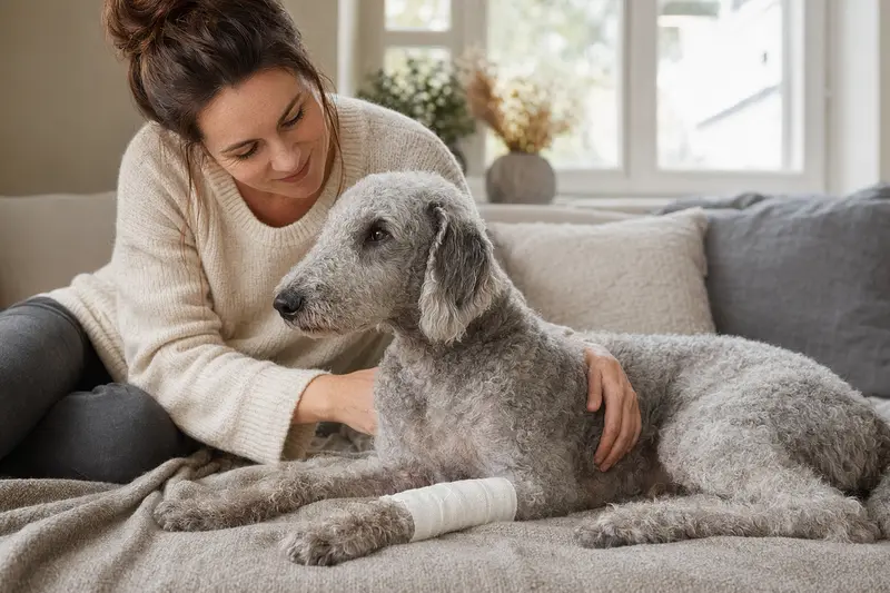 Ein Bedlington Terrier liegt mit leichtem Verband an der Pfote ruhig auf einer Decke, während sein erleichterter Besitzer daneben sitzt.
