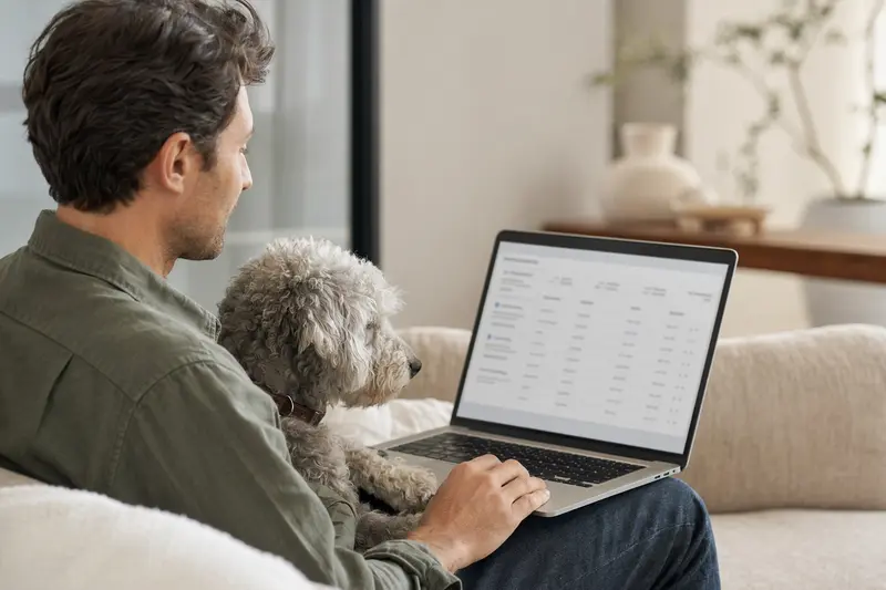 Ein Hundebesitzer sitzt auf dem Sofa mit einem Bedlington Terrier und einem Laptop und vergleicht Tierkrankenversicherungen.