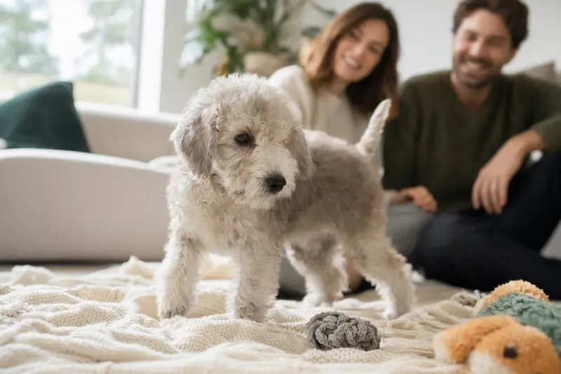 Ein neugieriger Bedlington Terrier Welpe erkundet sein neues Zuhause auf einer weichen Decke, während eine liebevolle Familie im Hintergrund zu sehen ist.