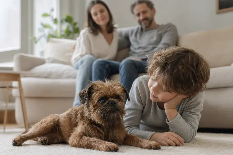 Ein Belgischer Griffon Hund entspannt neben einem Kind im Wohnzimmer und strahlt Vertrauen aus.