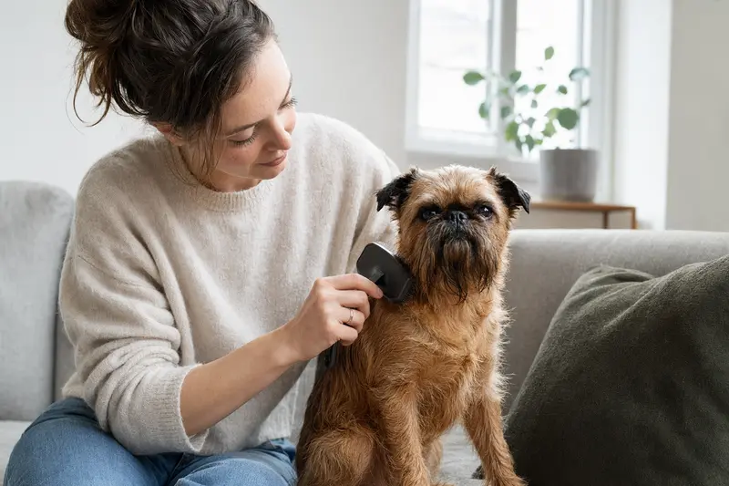 Ein belgischer Griffon wird liebevoll von seinem Besitzer zuhause gebürstet.