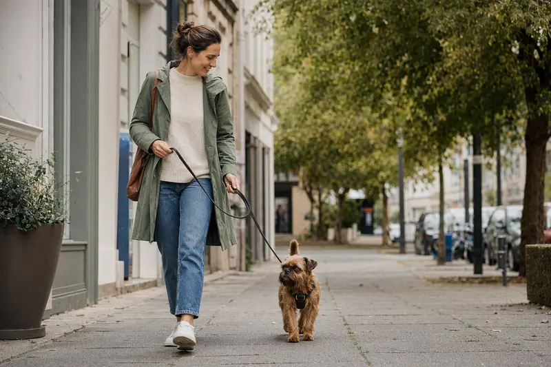 Ein Belgischer Griffon Hund läuft entspannt an der Leine mit seinem Besitzer durch eine moderne Stadtstraße.