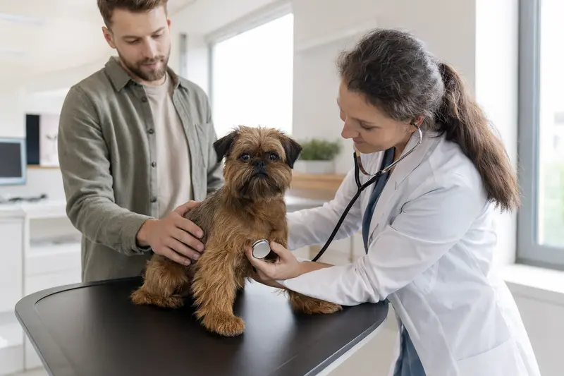 Ein Belgischer Griffon Hund wird von einer freundlichen Tierärztin in einer modernen Praxis untersucht.