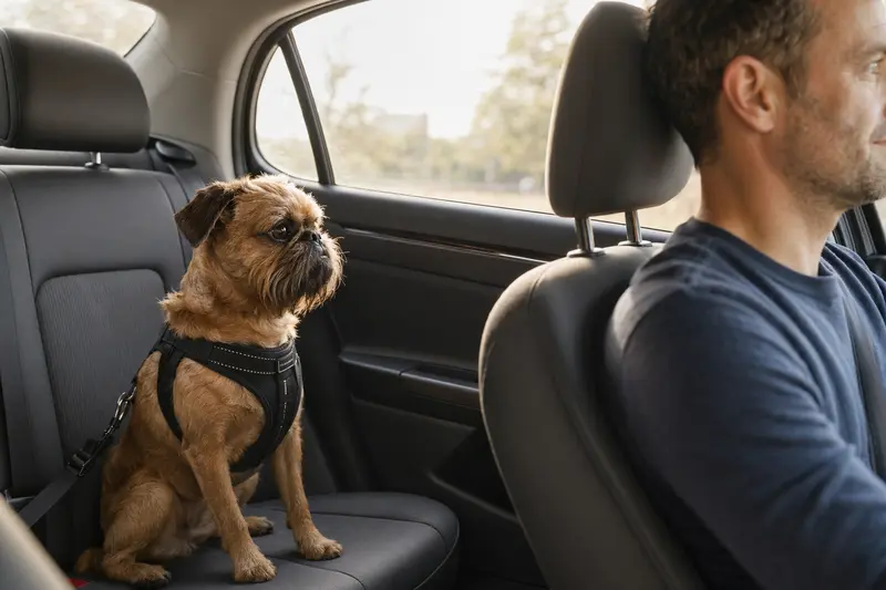 Ein Belgischer Griffon Hund sitzt sicher angeschnallt auf der Rückbank eines Autos, während der Besitzer ruhig fährt.